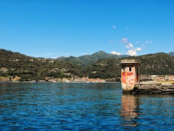 Scenic view of lake against clear blue sky