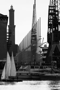Sailboats in sea against buildings