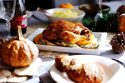 Close-up of food served on table