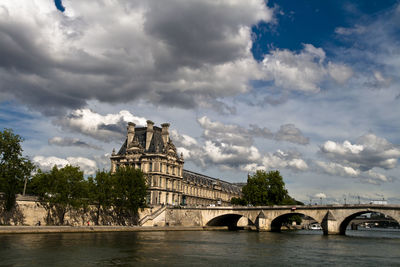 Bridge over river against cloudy sky