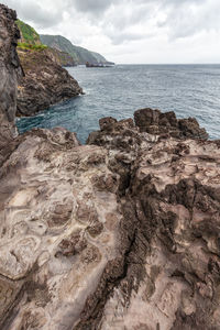 Scenic view of rocks in sea against sky