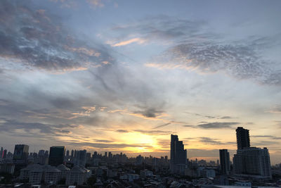 Aerial view of buildings against sky during sunset