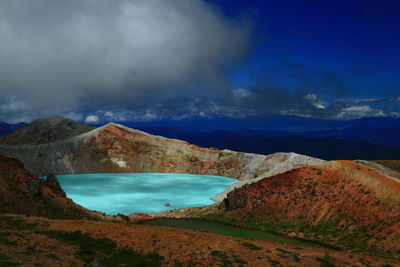 Scenic view of lake and mountains against sky