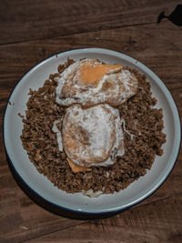 High angle view of breakfast served on table