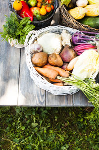 High angle view of mushrooms in basket