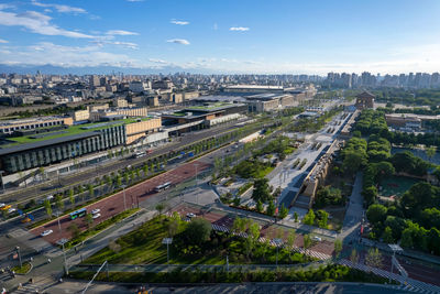 High angle view of cityscape against sky