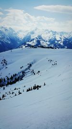 Scenic view of snow covered mountains against sky