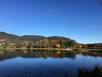 Scenic view of lake against blue sky