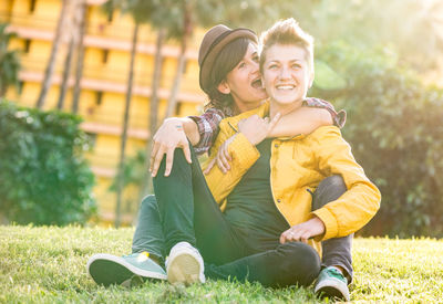 Happy lesbian couple at park