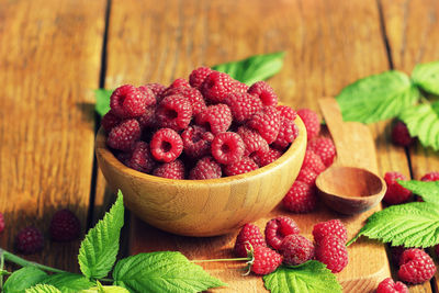 Close-up of strawberries in bowl on table