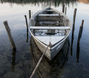 High angle view of wooden post in lake