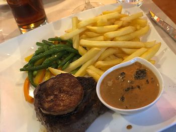 Close-up of meal served on table