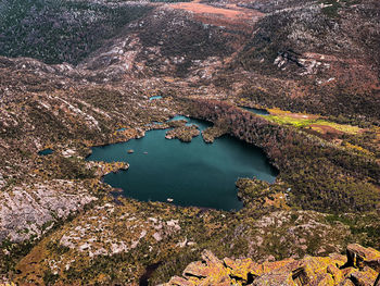 High angle view of lake against mountain