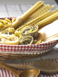 Close-up of various pastas in basket