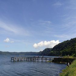 Scenic view of lake against cloudy sky