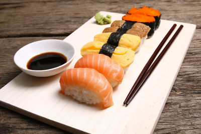 High angle view of sushi served on table