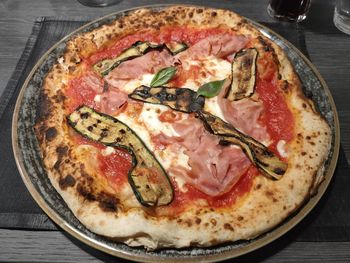 High angle view of pizza on table