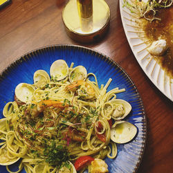 High angle view of meal served on table