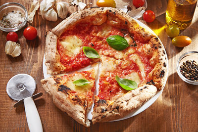 High angle view of pizza on table
