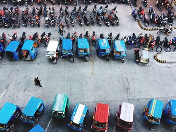 High angle view of people in row