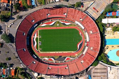 High angle view of soccer field