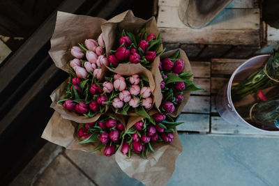 High angle view of flower bouquet in shop for sale