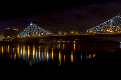 Illuminated bridge over river at night