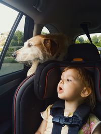 Cute girl sitting against dog in car