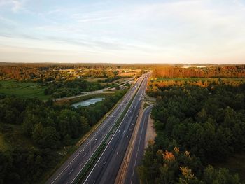 High angle view of highway against sky in city