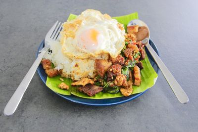 High angle view of breakfast served on table