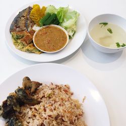 High angle view of meal served on table