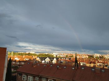 View of rainbow over buildings in city