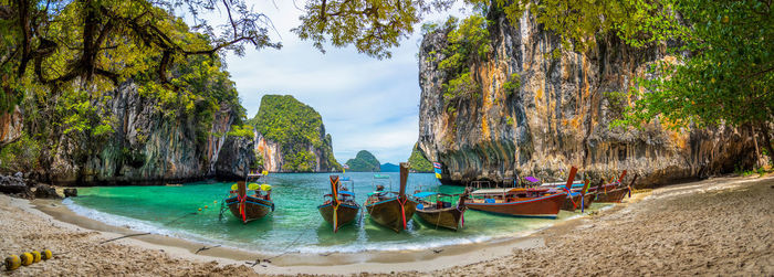 Panoramic view of sea and trees against sky