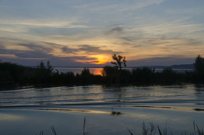 Scenic view of lake against sky during sunset