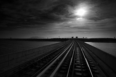 Railroad tracks against sky at night