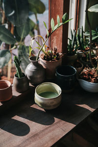 High angle view of drink by potted plant on table