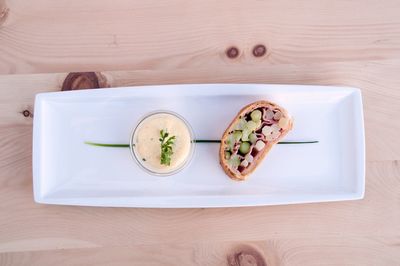 High angle view of food in plate on table