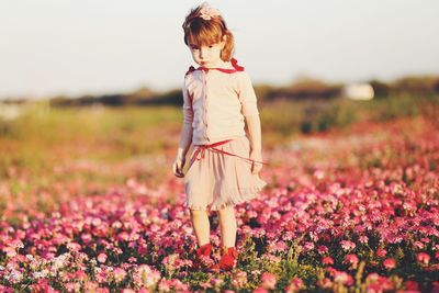 Portrait of cute girl standing amidst pink flowers on land