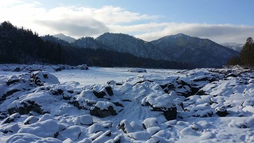 Scenic view of snow covered mountains against sky