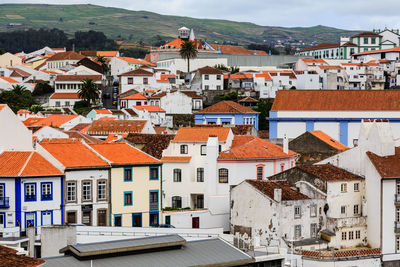 High angle view of houses in town