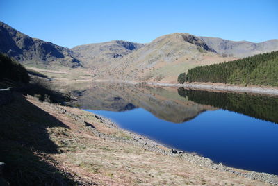 Scenic view of lake and mountains against clear blue sky