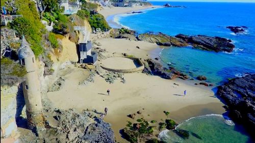 High angle view of beach against blue sky