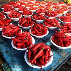 High angle view of red chili peppers