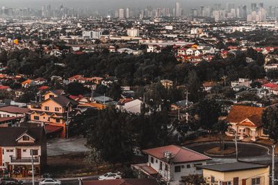 High angle shot of townscape against sky