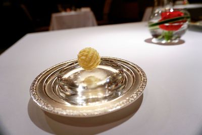 High angle view of drink in glass on table