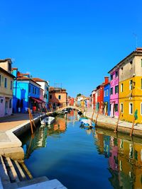 Canal amidst houses against clear blue sky