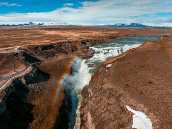 Panoramic aerial view of popular tourist destination - gullfoss waterfall.