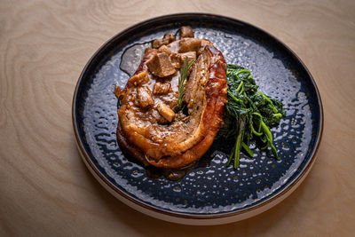 High angle view of food in plate on table