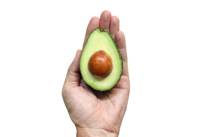 Close-up of hand holding apple against white background