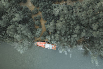 High angle view of people on boat in sea